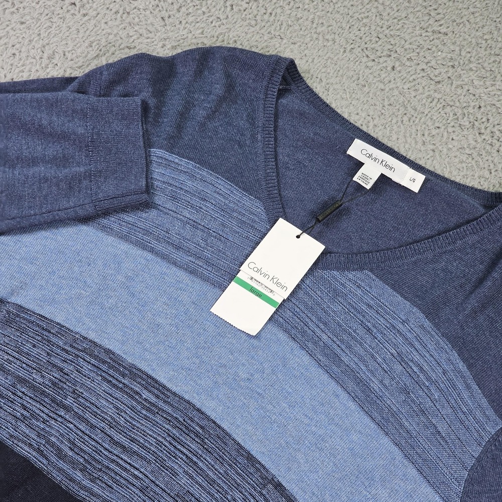 Calvin Klein Sweater Mens Large Navy Blue V Neck Dressy‎ Refined Stripe 40QS719
